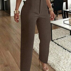 Brown Casual Women's Elegant Office Pleated Side Pocket Slim Fit Pants